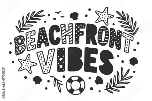 Beachfront Decorative Lettering. Beachfront Vibes ? playful decorative display lettering; patterned letters (dots/stripes/stars), gently arched word-shape;