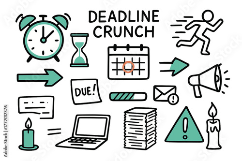 Deadline Pressure Icons. // Deadline crunch. Hand-drawn doodle illustration Deadline crunch [alarm clock (accented), hourglass (accented), calendar with red