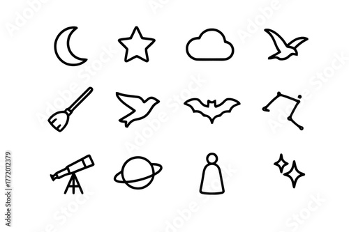 Night Sky Icons. Night sky journey. Line icon set of night flight: moon, stars, cloud, broomstick, bird, bat, comet, planet, constellation,