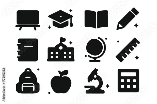 Classroom Icons Set. Classroom Essentials. Solid icons set of Classroom Essentials: blackboard, graduation cap, book, pencil, notebook, school building, globe,