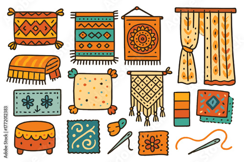 Boho Textile Icons. Boho Textiles. Colorful Hand-drawn doodle Children illustration Boho Textiles kilim cushion, woven rug, tassel trim, fringe blanket,