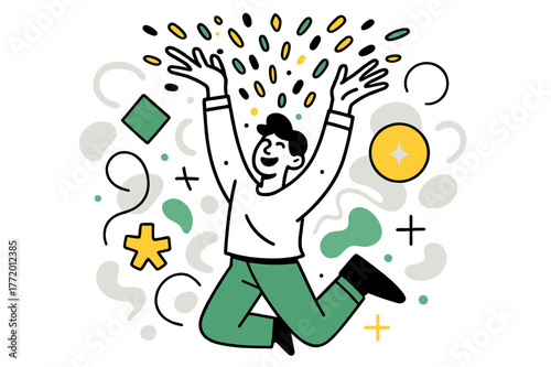 Confetti Joy Burst. Confetti Explosion. Person tossing handfuls of confetti with floating abstract geometric shapes and glowing accents, joyful and festive