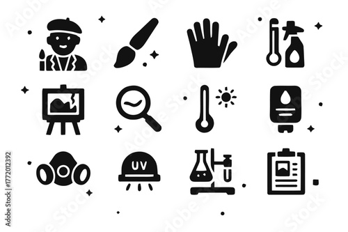 Art Restoration Icons. Art preservation. Solid icons set of art preservation: art restorer, paintbrush, cotton gloves, cleaning tools, restoration easel,