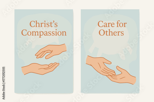 Helping Hands Banners. Compassion. Two vertical A6 banners with safe margins, centered composition, no elements touching edges, minimal, sky blue and peach,