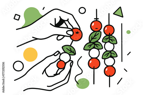 Assembling Caprese Skewers. Caprese Skewers. Hands assembling caprese skewers with cherry tomatoes, mozzarella balls, and basil with floating