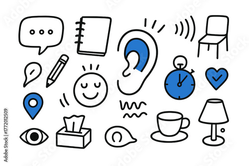 Active Listening Symbols. Active listening. Hand-drawn doodle illustration active listening ear icon (accented), speech bubble, notepad (accented), pencil,