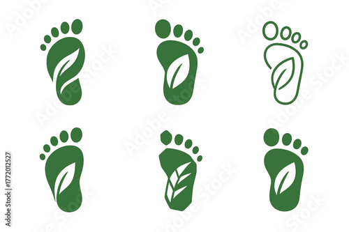 Leaf Footprint Logos. Hidden trail. Set Logo of Hidden trail: leaf-marked footprint. harmonious logo variations of the same emblematic concept, each with