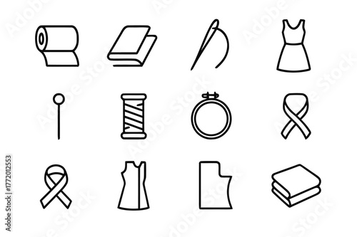 Sheer Fabric Icons. Sheer fabric. Line icon set of sheer fabric: organza roll, fabric fold, sewing needle, thread, scissors, pin, spool of thread, embroidery