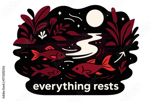 Moonlit River Reflections. River Ecosystem ? Night Reflections. Moonlight glides across a quiet current; fish shadows and starlit ripples merge. Caption