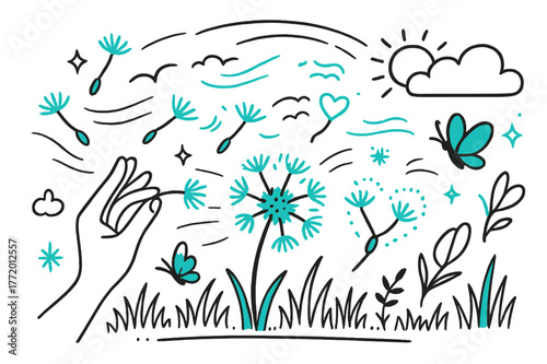 Dandelion Dreams. Dandelion seeds in the wind. Hand-drawn doodle illustration dandelion seeds in the wind [floating seeds (accented), puff ball (accented),