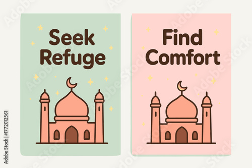 Seek Refuge, Find Comfort. Refuge in Him. Two vertical A6 banners with safe margins, centered composition, no elements touching edges, cartoon, pastel mint and