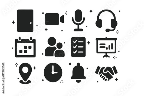 Meeting Icons Grid. Meeting Reminders. Solid icons set of Meeting Reminders: meeting room door, video camera, microphone, headset, calendar invite, participant