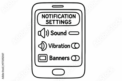 Phone Notification Coloring Page. Notification settings panel children?s coloring book illustration, outlined drawing, a phone screen with sliders and toggle