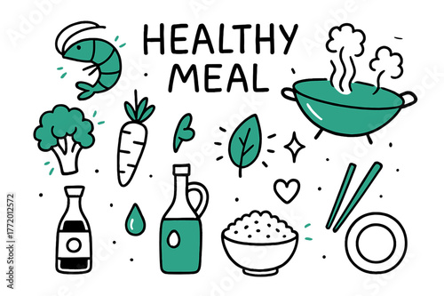 Doodle-Style Healthy Meal. // Healthy meal. Hand-drawn doodle illustration Healthy meal [shrimp (accented), broccoli (accented), carrot, wok (accented), soy