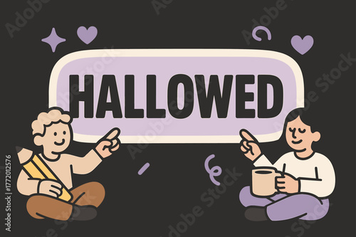 Peaceful Banner Moment. Hallowed banner, flat vector illustration, bold oversized text inside sticker outline, cartoon characters sitting peacefully and