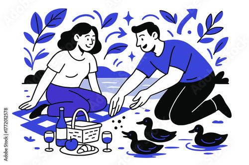 Picnic by the Lake. A couple having a picnic by the lake, relaxing and enjoying the outdoors. Couple feeding ducks near picnic site with abstract floating