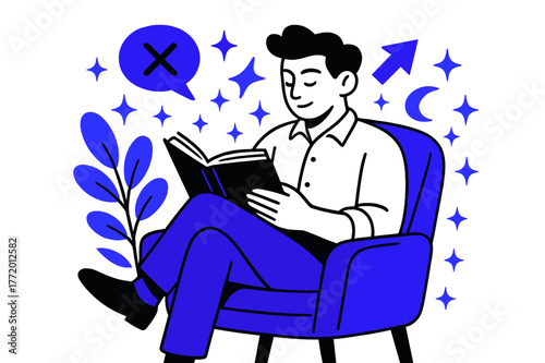 Digital Detox Escape. Digital detox for employees. Employee reading book in quiet corner with abstract floating icons, arrows, and sparkles; emphasizes focus,