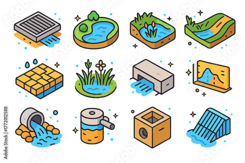 Stormwater Management Icons. Stormwater management. Colorful isometric vector icons set of Stormwater management: storm drain grate, detention pond, retention