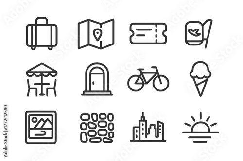 Travel Icon Set. Travel Snippets. Line icon set of Travel Snippets: suitcase, map, ticket, window seat wing, street cafe, doorway, bicycle, gelato cone,