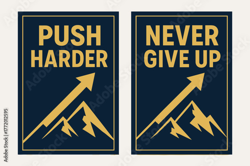 Motivational Banners. Push harder. Two vertical A6 banners with safe margins, centered composition, no elements touching edges, bold, navy and gold, objects