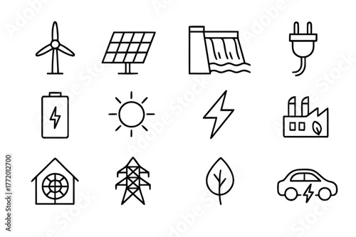 Green Energy Icons. Green energy. Line icon set of green energy: wind turbine, solar panel, hydro dam, electric plug, battery, sun, lightning bolt, eco