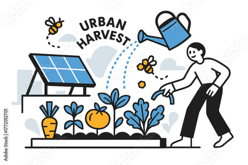 Urban Rooftop Harvest. Rooftop Garden + Panels. Vegetables sprout beside elevated PV frames; watering can pours a dotted arc labeled ?Urban Harvest.? Bees buzz