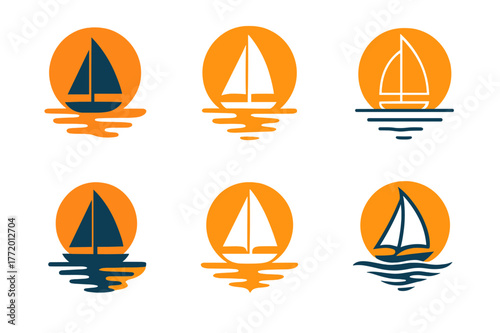 Sailboat Logo Variations. Lakeside. Set Logo of Lakeside: Sailboat at sunset. Icon set. harmonious logo variations of the same emblematic concept, each with