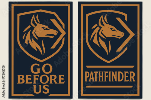 Indigo and Copper Banners. Battle Forerunner. Two vertical A6 banners with safe margins, centered composition, no elements touching edges, bold, indigo and