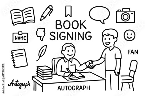 Book Signing Doodle. Book signing. Hand-drawn doodle illustration book signing author, table, pen, stack of books, autograph, smile face, bookmark, name tag,
