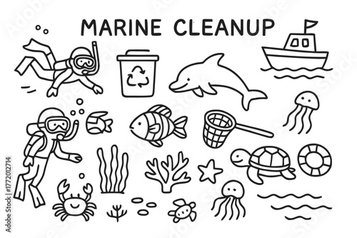 Marine Cleanup Icons. Marine Cleanup. Hand-drawn doodle illustration Marine Cleanup snorkeler, trash bin, boat, net, dolphin, fish, turtle, coral reef, crab,