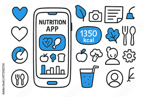 Doodle Nutrition App Design. Mobile nutrition app. Hand-drawn doodle illustration mobile nutrition app smartphone screen (accented), calorie tracker