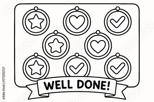 Children's Reward Board. Badges and rewards system children?s coloring book illustration, outlined drawing, a board of round badges with stars, hearts, and