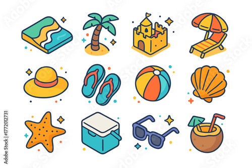 Beach Icon Delight. Beach scenery. Colorful isometric vector icons set of beach scenery: shoreline, palm tree, sandcastle, umbrella chair, sun hat, flip-flops,