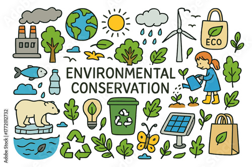 Environmental Conservation Doodles. Environmental Conservation. Colorful Hand-drawn doodle Children illustration Environmental Conservation, trees, pollution,