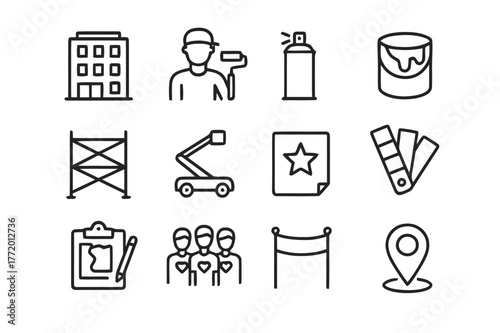 City Mural Icon Set. City Mural Painting Events. Line icon set of City Mural Painting Events: city wall facade, artist with roller, spray can, paint bucket,