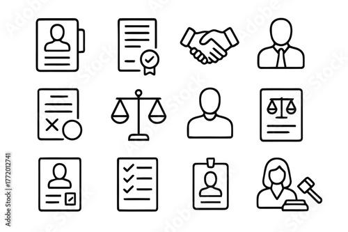 Employment Law Icons. Employment Law. Line icon set of Employment Law: employee file, contract document, handshake, job offer paper, termination notice,