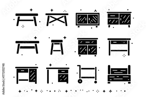 Upcycled Furniture Icons. Upcycled furniture with salvaged wood. Solid icons set of Upcycled furniture with salvaged wood: coffee table, console table,