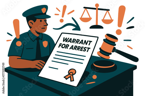 Arrest Warrant Illustration. Warrant for arrest. Police desk with arrest warrant document, gavel, and abstract floating exclamation marks and legal icons;