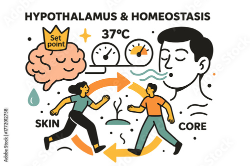 Hypothalamus Homeostasis Scene. Hypothalamus & homeostasis. A tiny brain icon wears a crown labeled ?Set point? while gauges align to ?C; arrows loop from skin