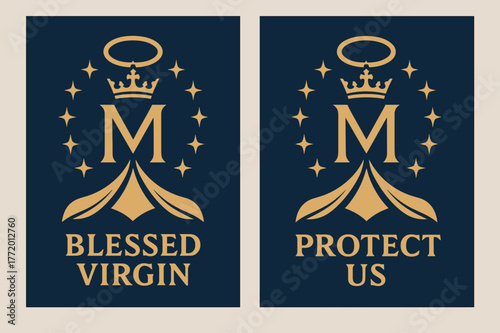 Crowned Monogram Banners. Marian Protection. Two vertical A6 banners with safe margins, centered composition, no elements touching edges, flat vector design,