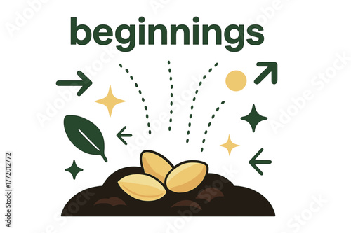 Seeds' Journey. Seeds. A handful of seeds rests on open soil; small dotted lines trace potential sprouts upward. Caption ?beginnings? floats softly above.