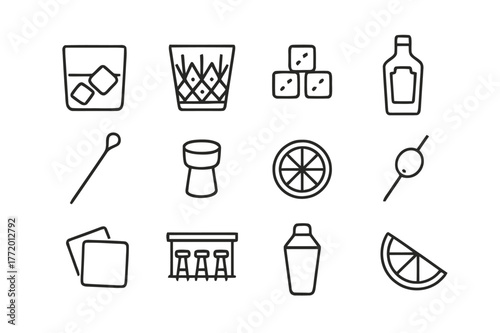 Luxury Drink Icons. Luxury drink. Line icon set of luxury drink: whiskey glass, crystal glass, ice cubes, bottle, cocktail stirrer, cork, lemon slice, olive,