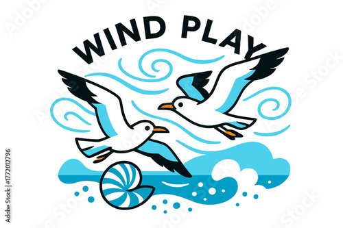 Seagulls' Ocean Ballet. Seagulls ? Ocean breeze chase. Two gulls glide through swirling air ribbons; abstract shells and foam dots hover beneath. Tag ?WIND