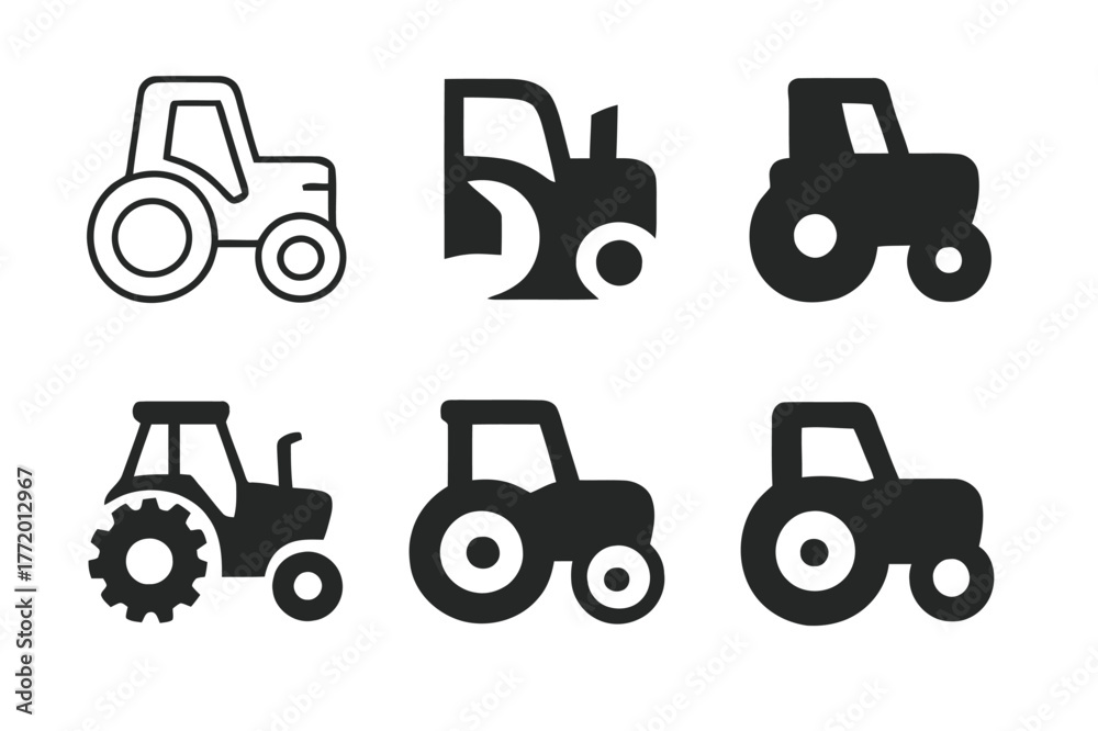 Naklejka premium Geometric Tractor Logos. Heavy Machinery Illustration. Set Logo of Tractor: Minimal outline, Abstract geometric, Negative space, Flat solid, Symmetrical form,