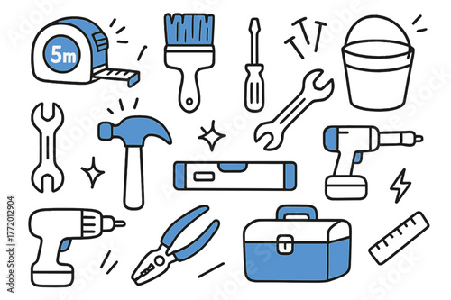 DIY Tools Illustration. // Home improvement tools. Hand-drawn doodle illustration Home improvement tools [tape measure (accented), paintbrush (accented),