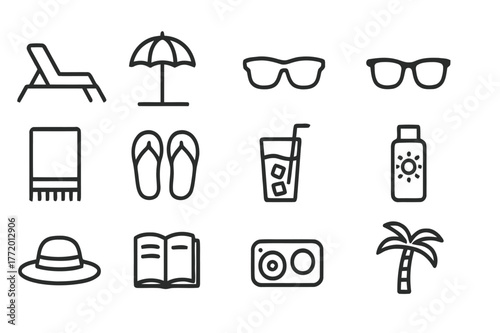 Poolside Relax Icons. Relaxing by the Pool. Line icon set of Relaxing by the Pool: sun lounger, umbrella, pool water ripples, sunglasses, towel, flip flops,