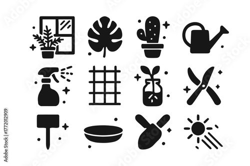Botanical Icon Grid. Window Light and Plants. Solid icons set of Window Light and Plants: potted fern, monstera leaf, cactus, watering can, mister spray,