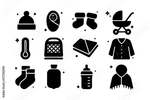 Warmth Symbols Icons. Warmth care for babies and elderly. Solid icons set of Warmth care for babies and elderly: baby hat, swaddle, booties, stroller footmuff,