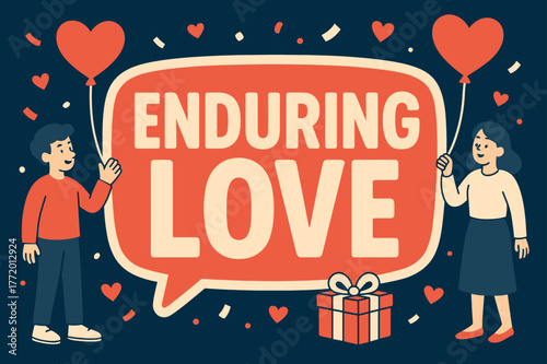 Enduring Love Celebration. Enduring Love banner, flat vector illustration, bold oversized text inside sticker outline banner, cartoon characters standing and