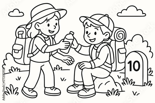 Kindness on the Road. Gratitude and kindness on the road children?s coloring book illustration, outlined drawing, travelers sharing water and helping each